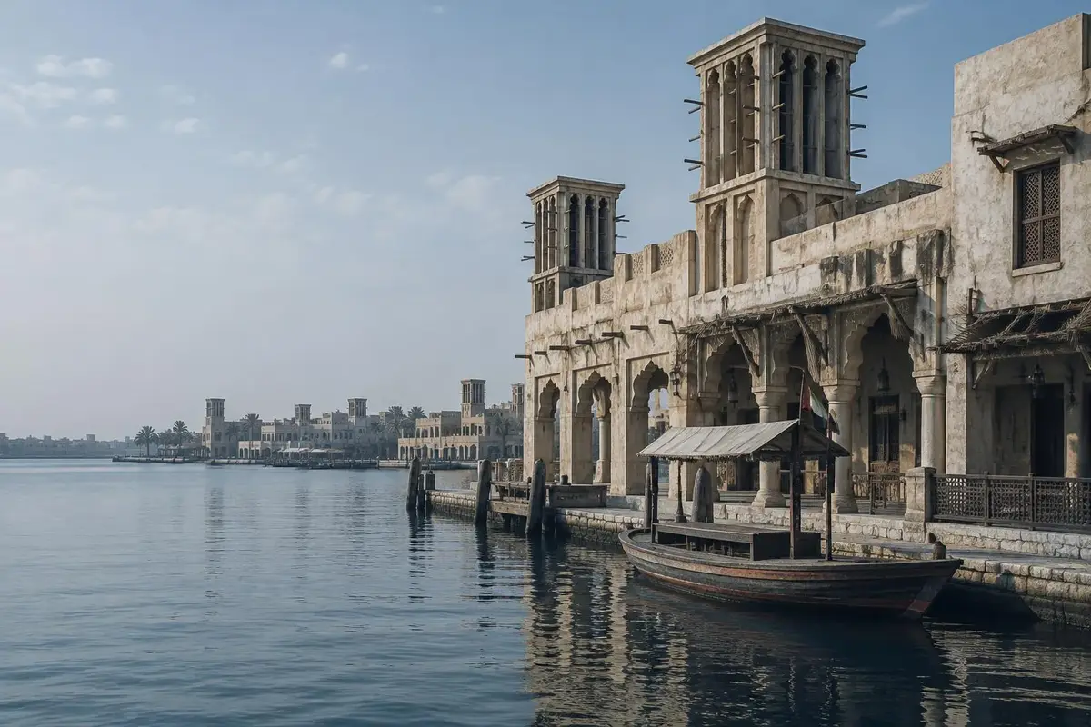 Torri del vento tradizionali e architettura sul lungomare del Dubai Creek