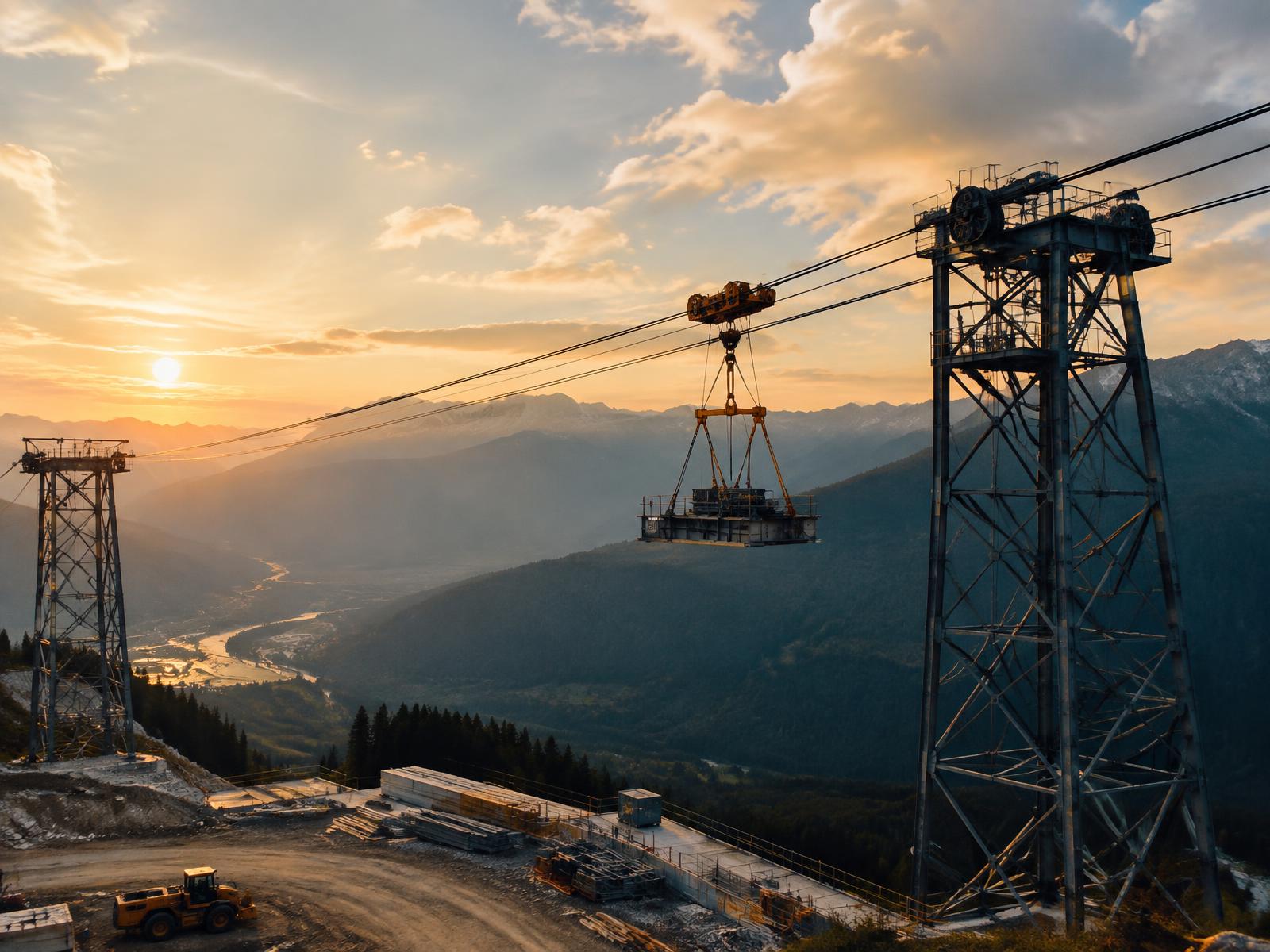 Cable crane lifting loads at an infrastructure site
