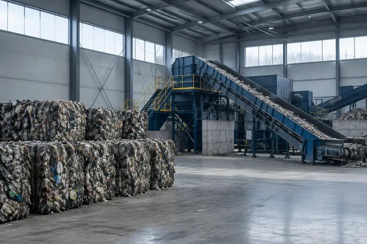 Bales of RDF (refuse-derived fuel) and sorting conveyors inside a modern material recovery plant