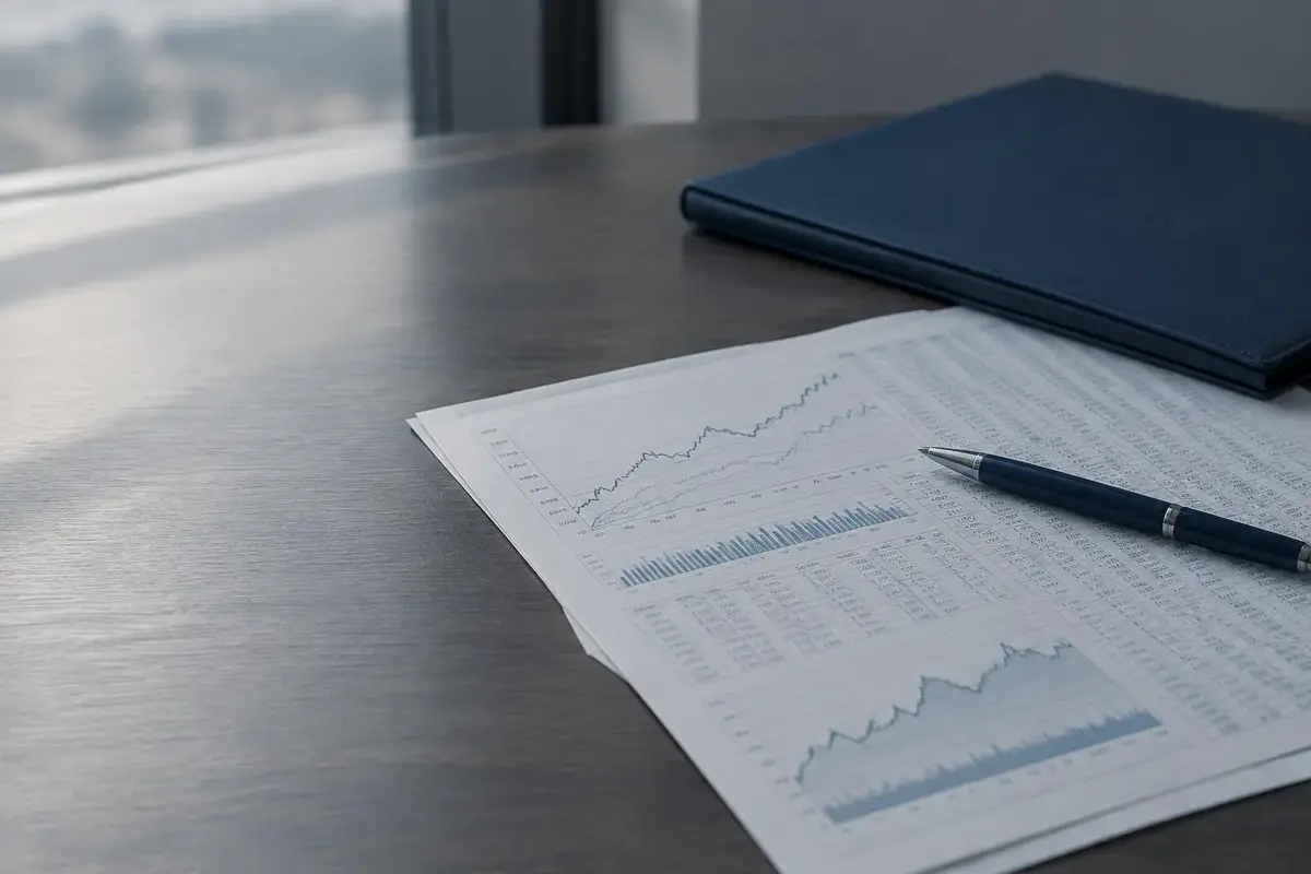 نماذج مالية ومستندات تحليلية وقلم على مكتب بإضاءة هادئة