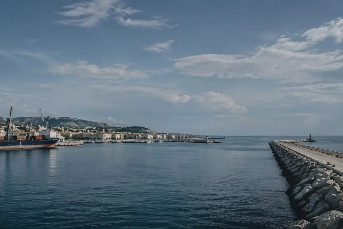Porto mediterraneo, lungomare e lunga diga foranea