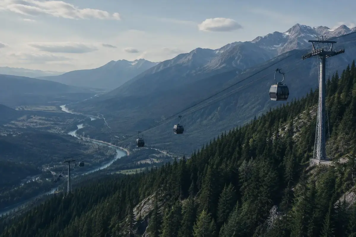 Funivia che attraversa una valle montana boscosa