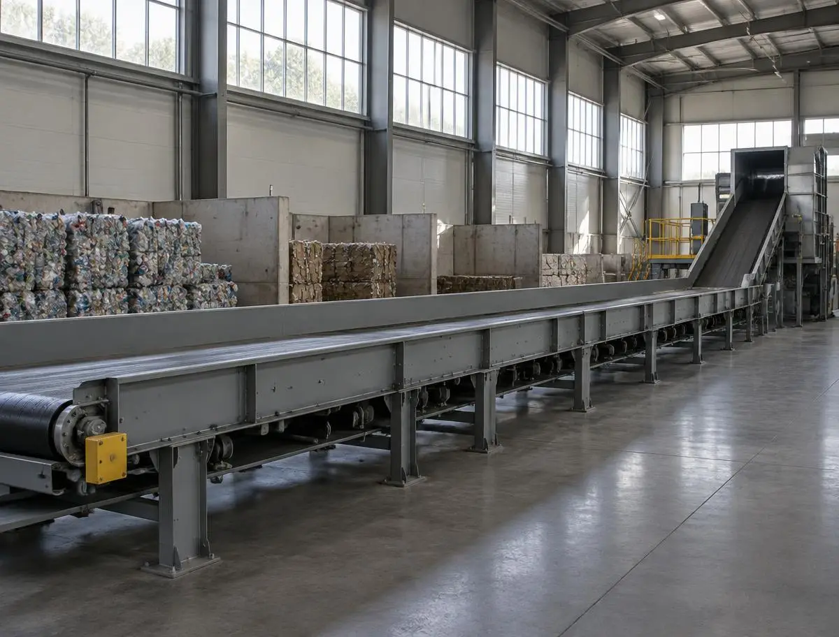 Long sorting conveyor in a quiet recycling hall lit by high windows
