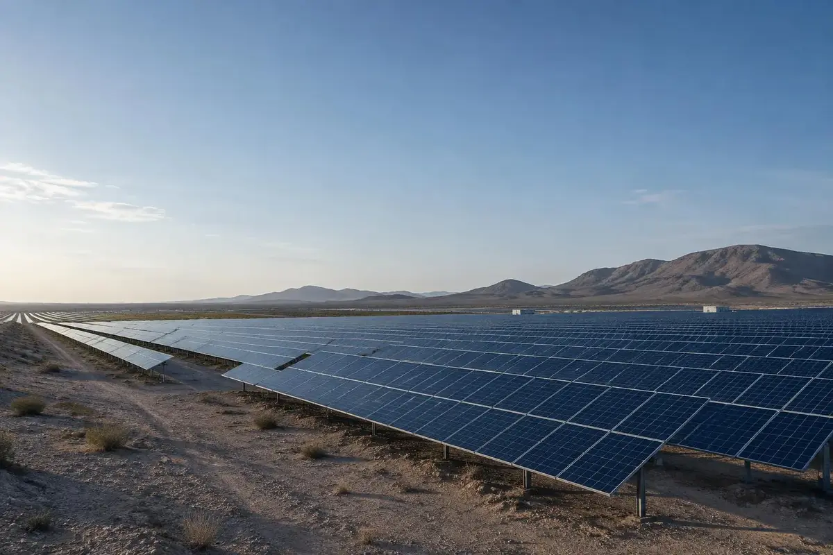 Utility-scale solar field in a North African landscape in early morning light