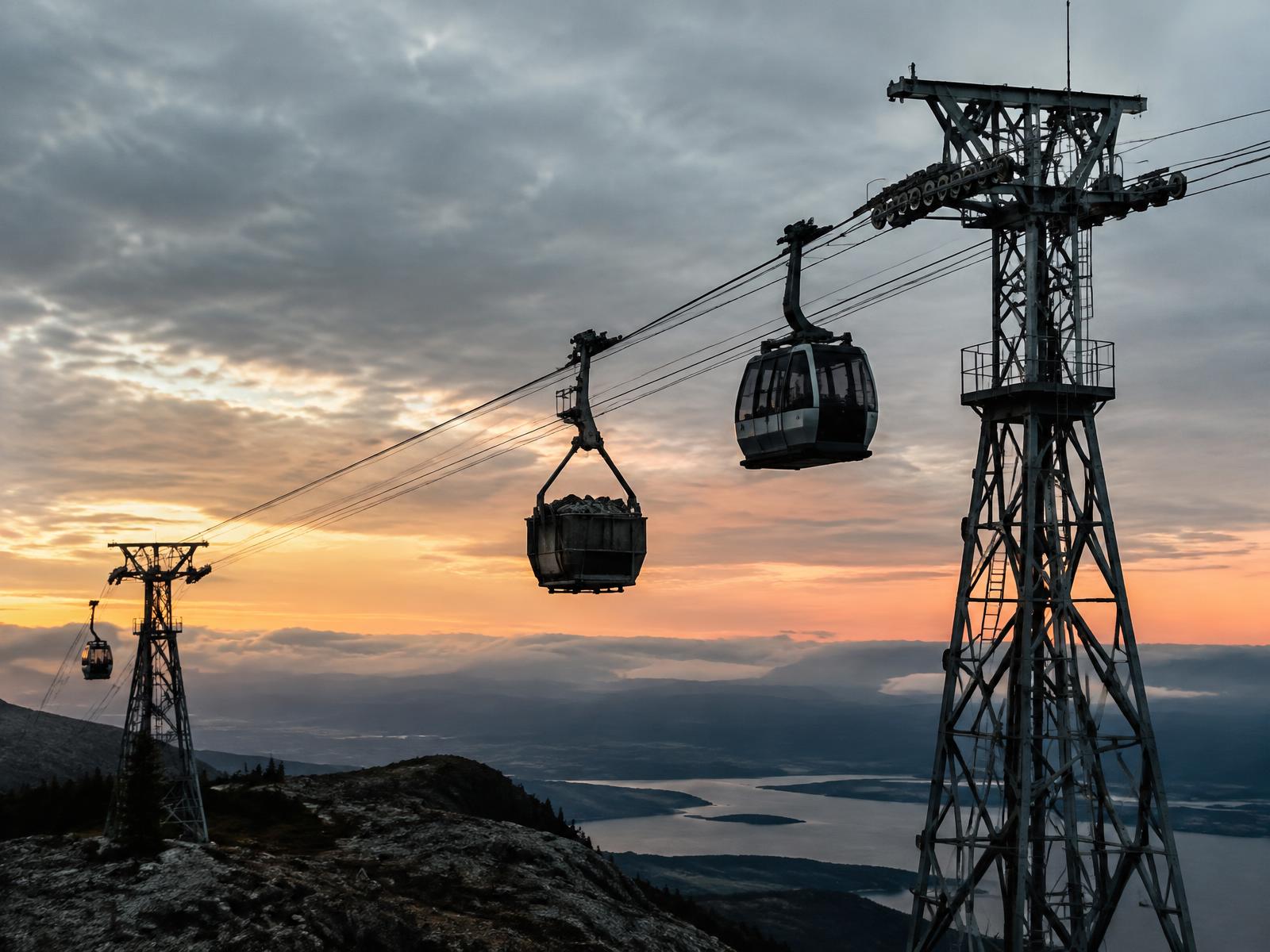 Aerial ropeway transport system across rugged terrain