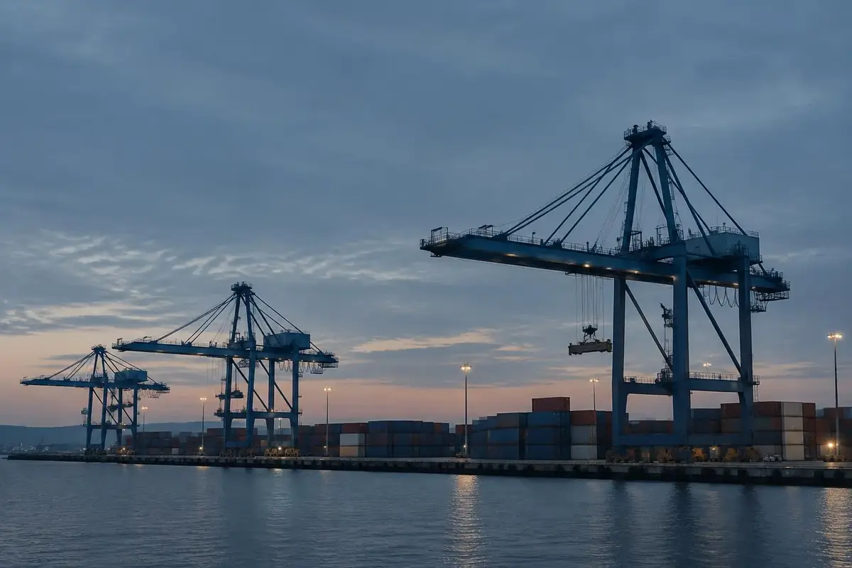 Container port and gantry cranes beside the water at dusk